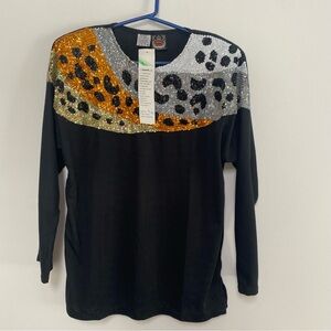 Vintage Pearls Beaded Sequin Top Black Large NWT